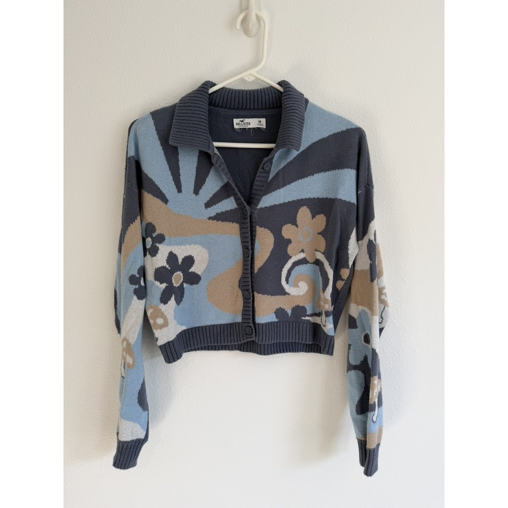 Hollister Cropped Mushroom Floral Sweater Blue Tan Retro Cardigan Womens Medium